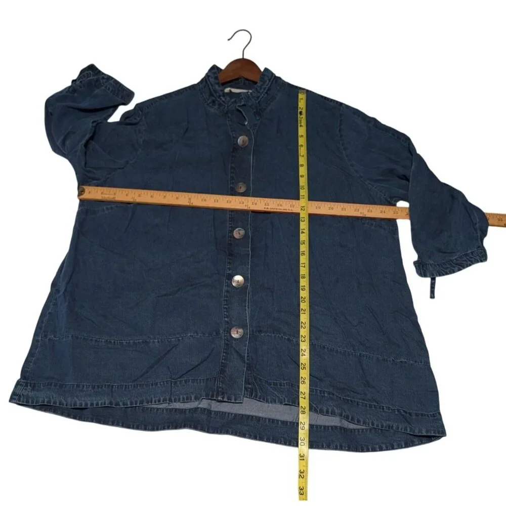 Soft Surroundings Women 2X Tencel Denim Button-Up Shirt Ruffle Collar Split Cuff - Picture 10 of 14